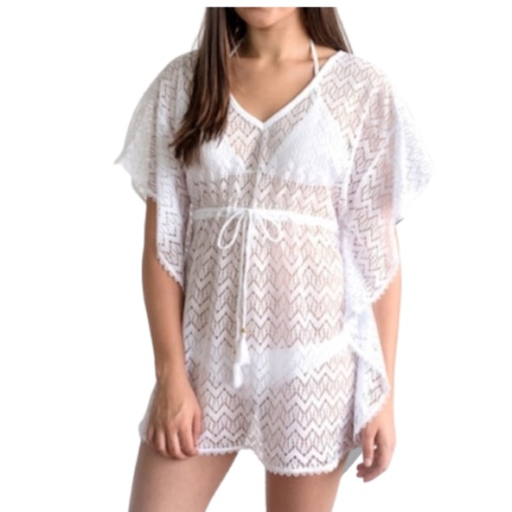 Miken Swim Chevron Lace Beach Coverup Pom Pom Hem White Size XL